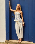 CALÇA SARJA BARREL BLUE FLOWER OFF WHITE