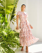 Vestido tule estampado babados em camadas Luzia Fazzolli