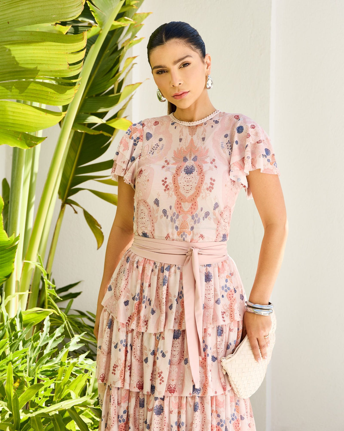Vestido tule estampado babados em camadas Luzia Fazzolli