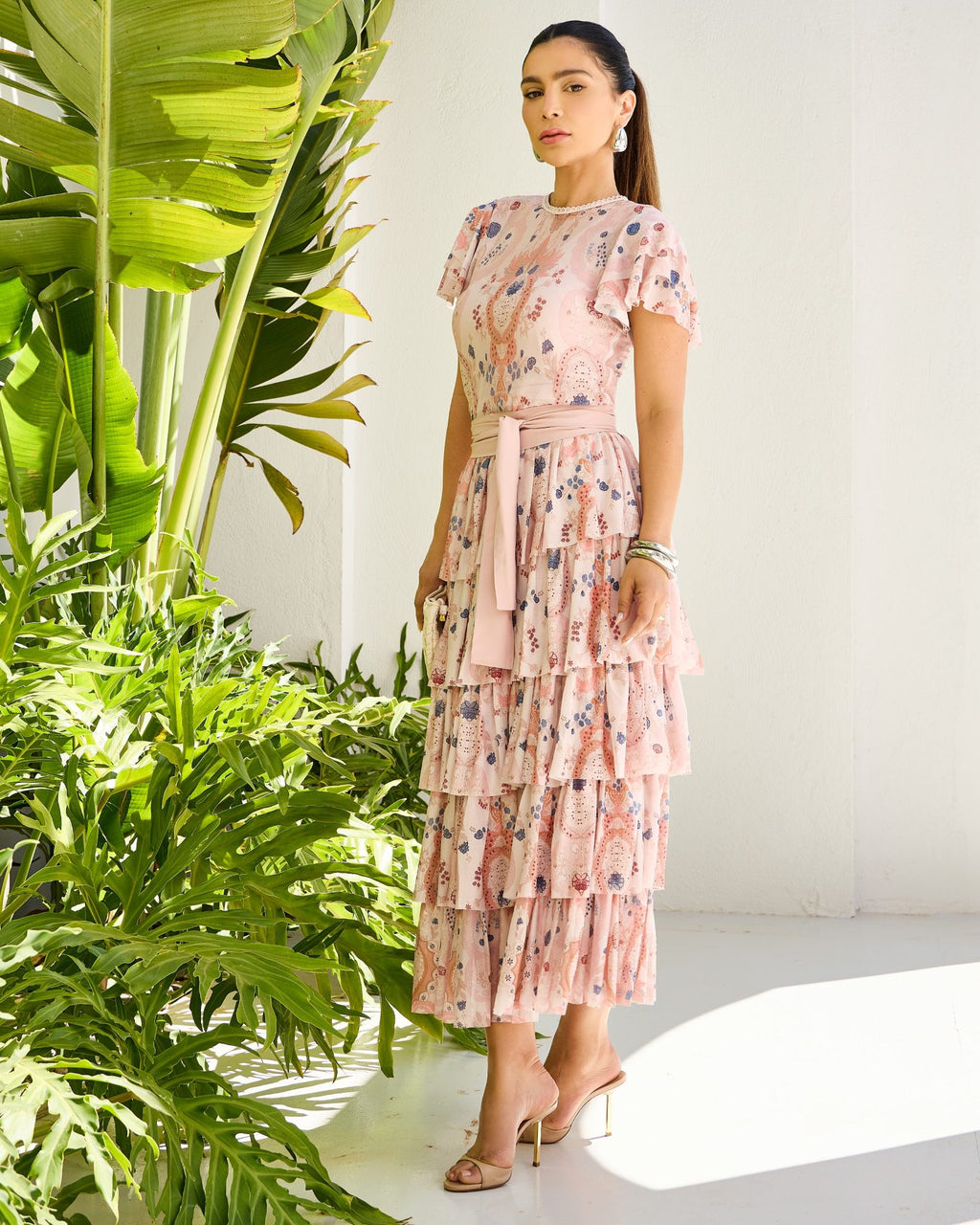 Vestido tule estampado babados em camadas Luzia Fazzolli
