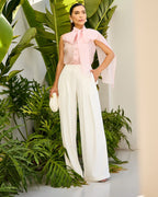Calça crepe satin off white com pregas Luzia Fazzolli