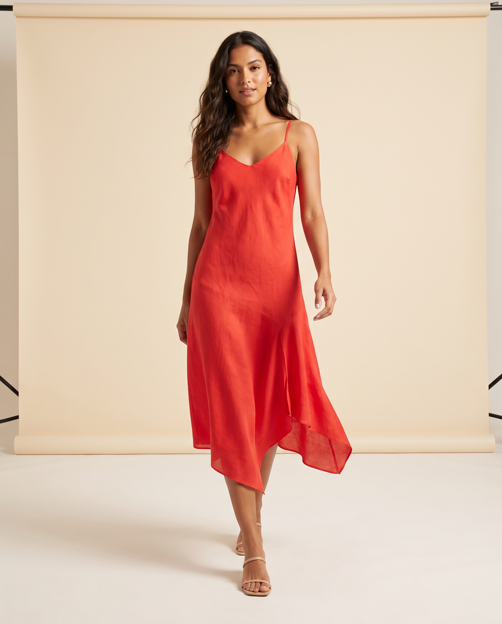 Modelo vestindo Vestido Midi Linho Vermelho, caminhando